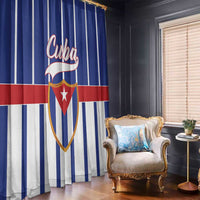 Blue-and-white striped window curtain panel with Cuba shield print