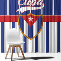 Blue striped curtain with large Cuba shield emblem and red-white accents
