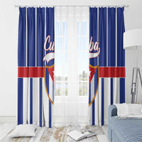 Blue and white striped window curtains with Cuba shield print, full span