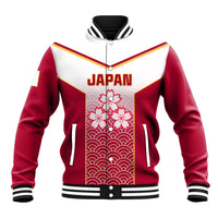 Red and white rugby baseball jacket with JAPAN graphic, cherry blossoms, and wave pattern