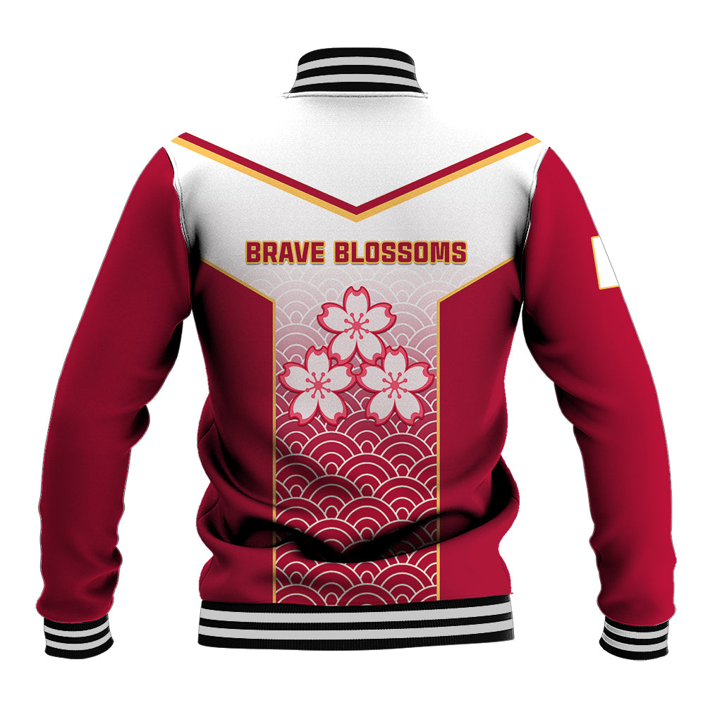 Red and white rugby baseball jacket with BRAVE BLOSSOMS back graphic, cherry blossoms, wave pattern