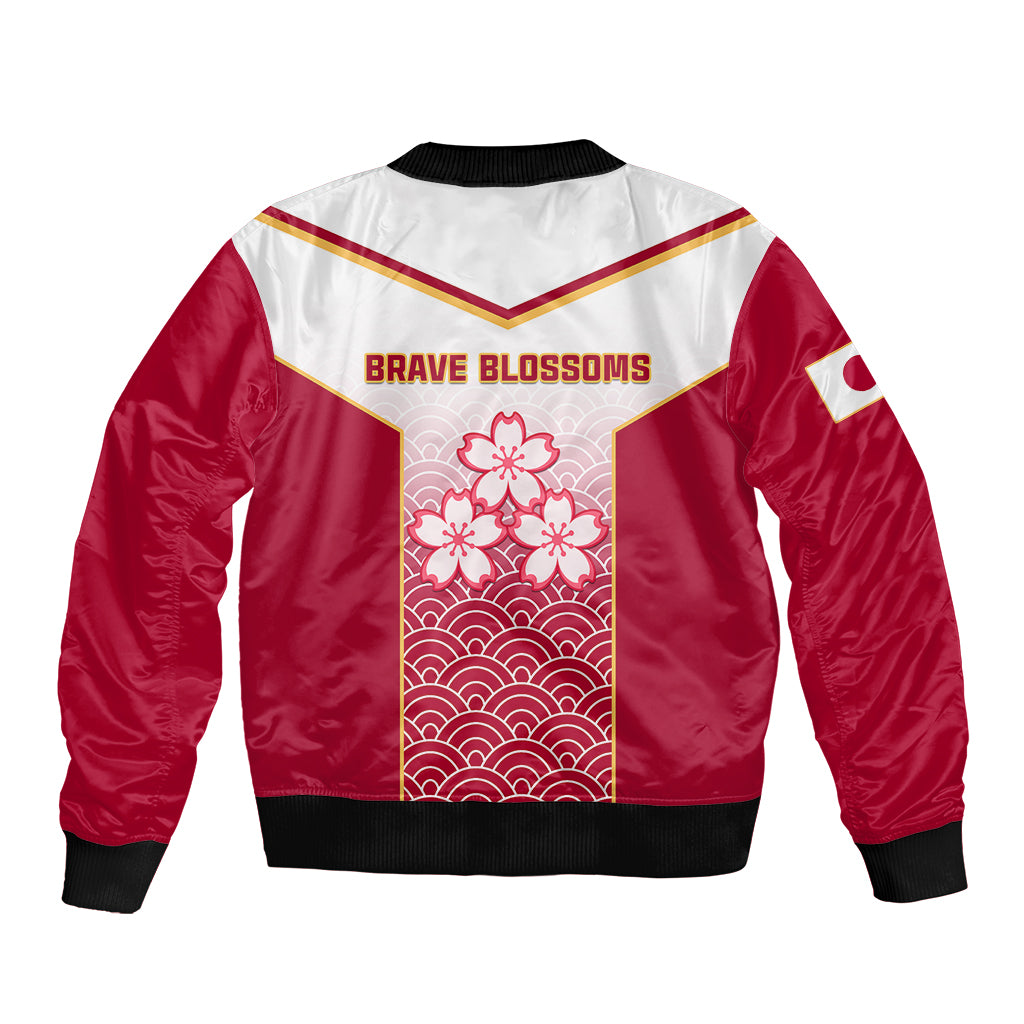 Red and white bomber jacket back with ribbed collar and 'Brave Blossoms' cherry blossom panel