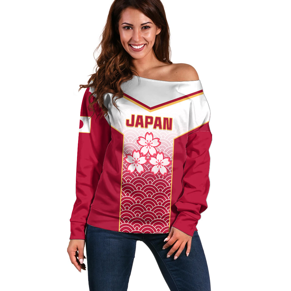 Japan Rugby Off Shoulder Sweater Brave Blossoms Japanese Motif Pattern - Wonder Print Shop