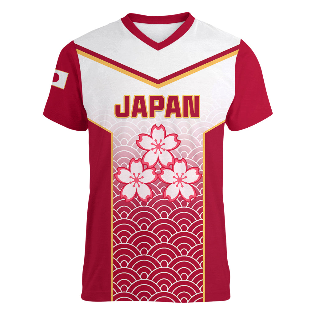 Japan Rugby Women V Neck T Shirt Brave Blossoms Japanese Motif Pattern - Wonder Print Shop