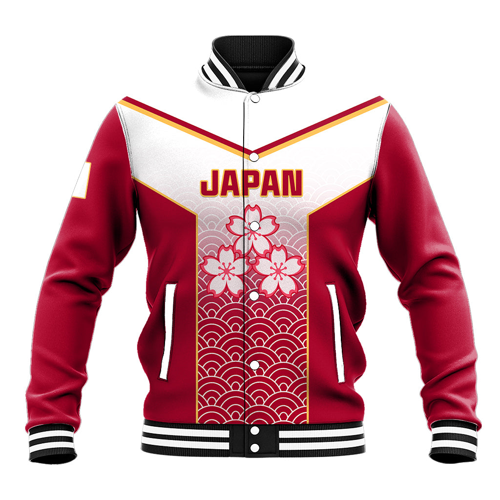 Unisex red and white varsity rugby baseball jacket with Japan graphic and floral waves