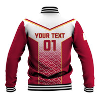 Unisex red and white varsity rugby baseball jacket back with 'YOUR TEXT' and '01'