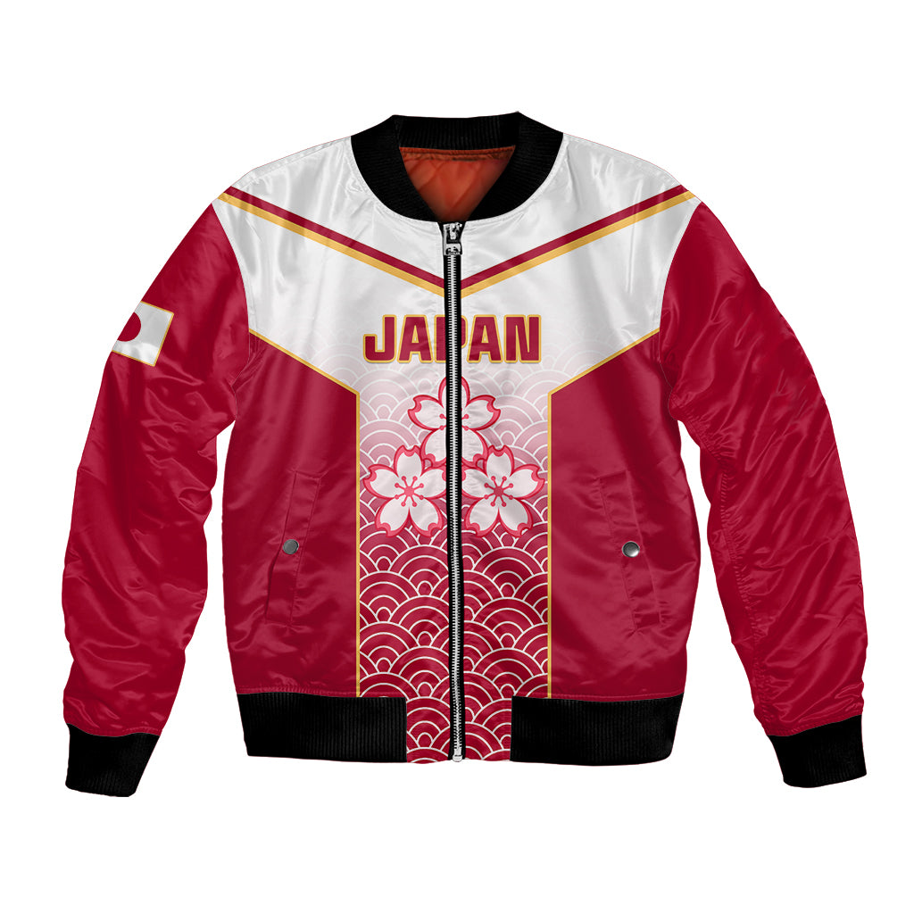 Red and white Japan rugby bomber jacket with front zip and Japanese fan pattern center panel