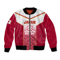Red and white Japan rugby bomber jacket with front zip and Japanese fan pattern center panel