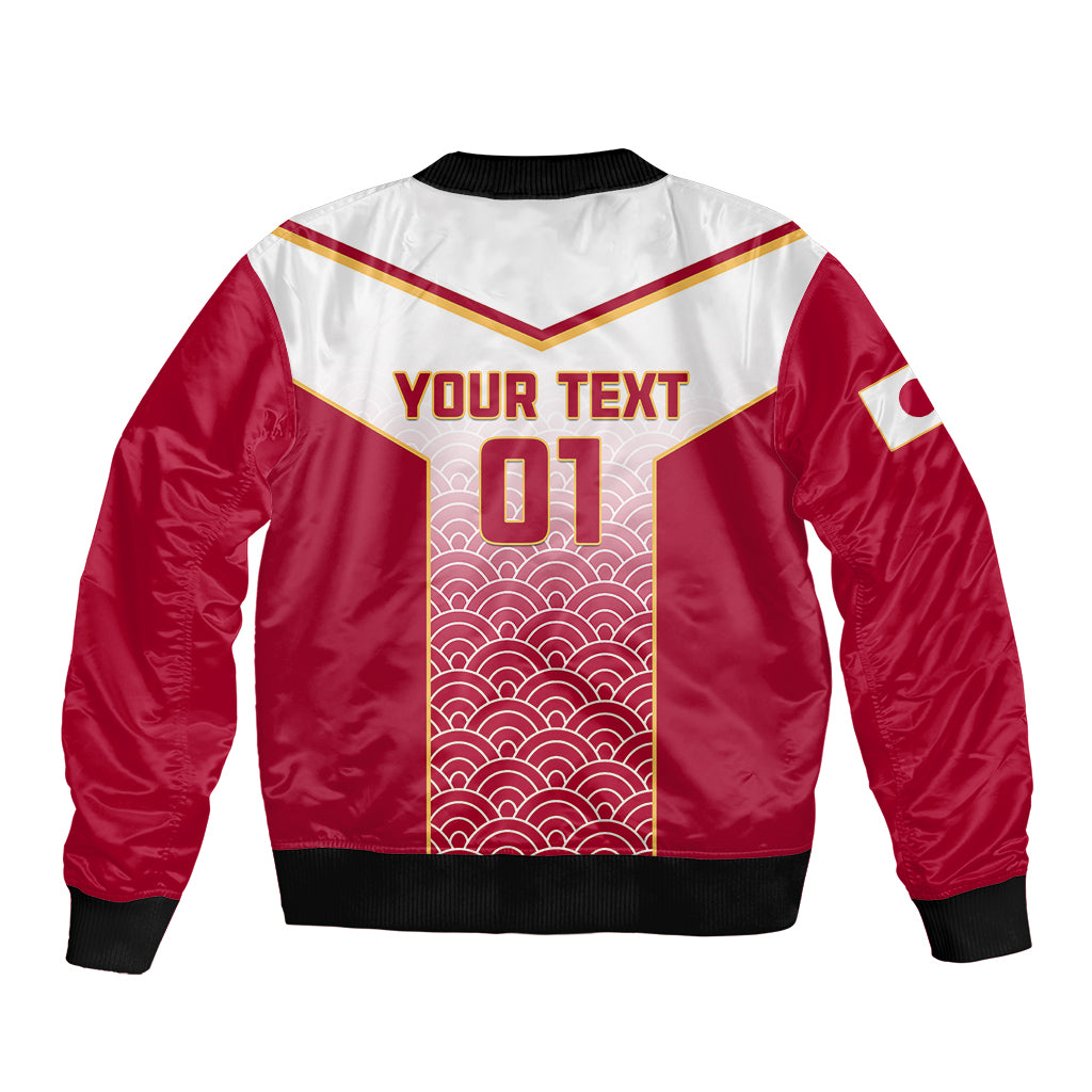 Red and white bomber jacket back with Japanese waves panel, 'YOUR TEXT 01' and ribbed hem