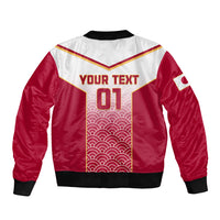 Red and white bomber jacket back with Japanese waves panel, 'YOUR TEXT 01' and ribbed hem