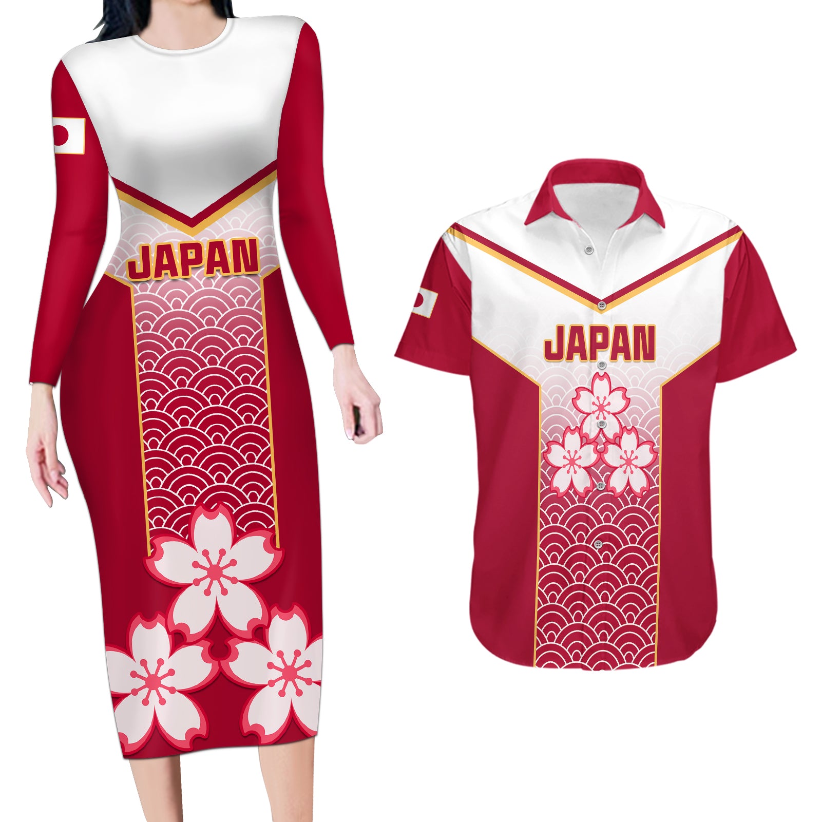 Custom Japan Rugby Couples Matching Long Sleeve Bodycon Dress and Hawaiian Shirt Brave Blossoms Japanese Motif Pattern - Wonder Print Shop