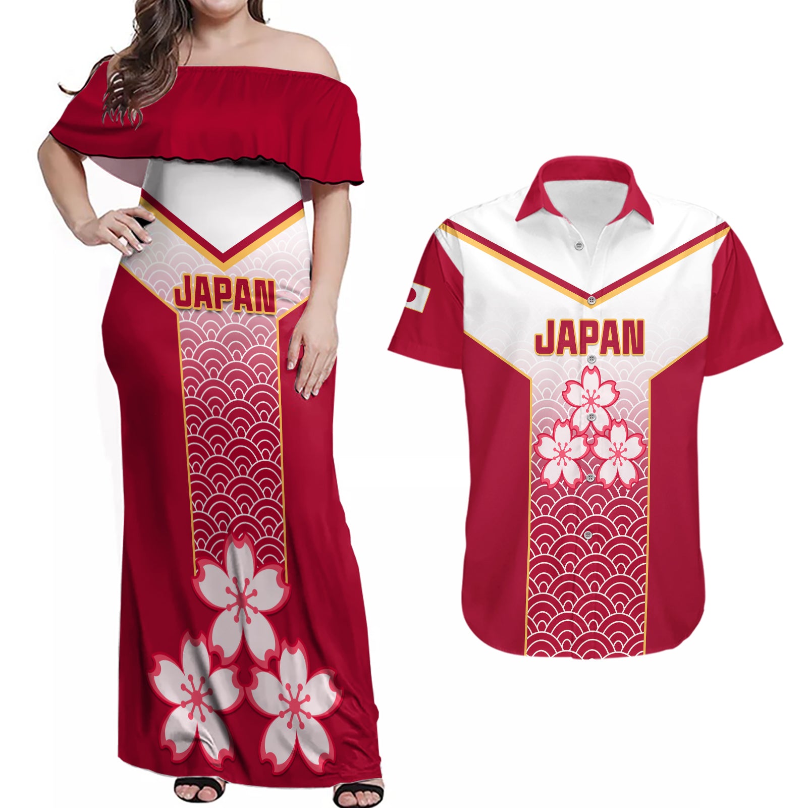 Custom Japan Rugby Couples Matching Off Shoulder Maxi Dress and Hawaiian Shirt Brave Blossoms Japanese Motif Pattern - Wonder Print Shop