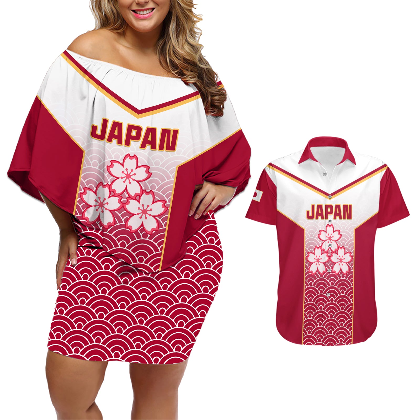 Custom Japan Rugby Couples Matching Off Shoulder Short Dress and Hawaiian Shirt Brave Blossoms Japanese Motif Pattern - Wonder Print Shop