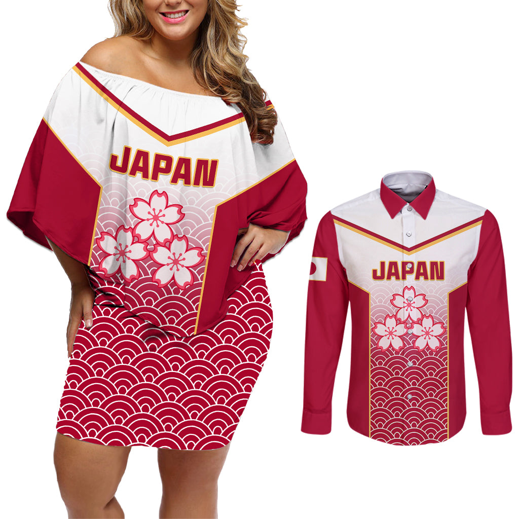 Custom Japan Rugby Couples Matching Off Shoulder Short Dress and Long Sleeve Button Shirts Brave Blossoms Japanese Motif Pattern - Wonder Print Shop