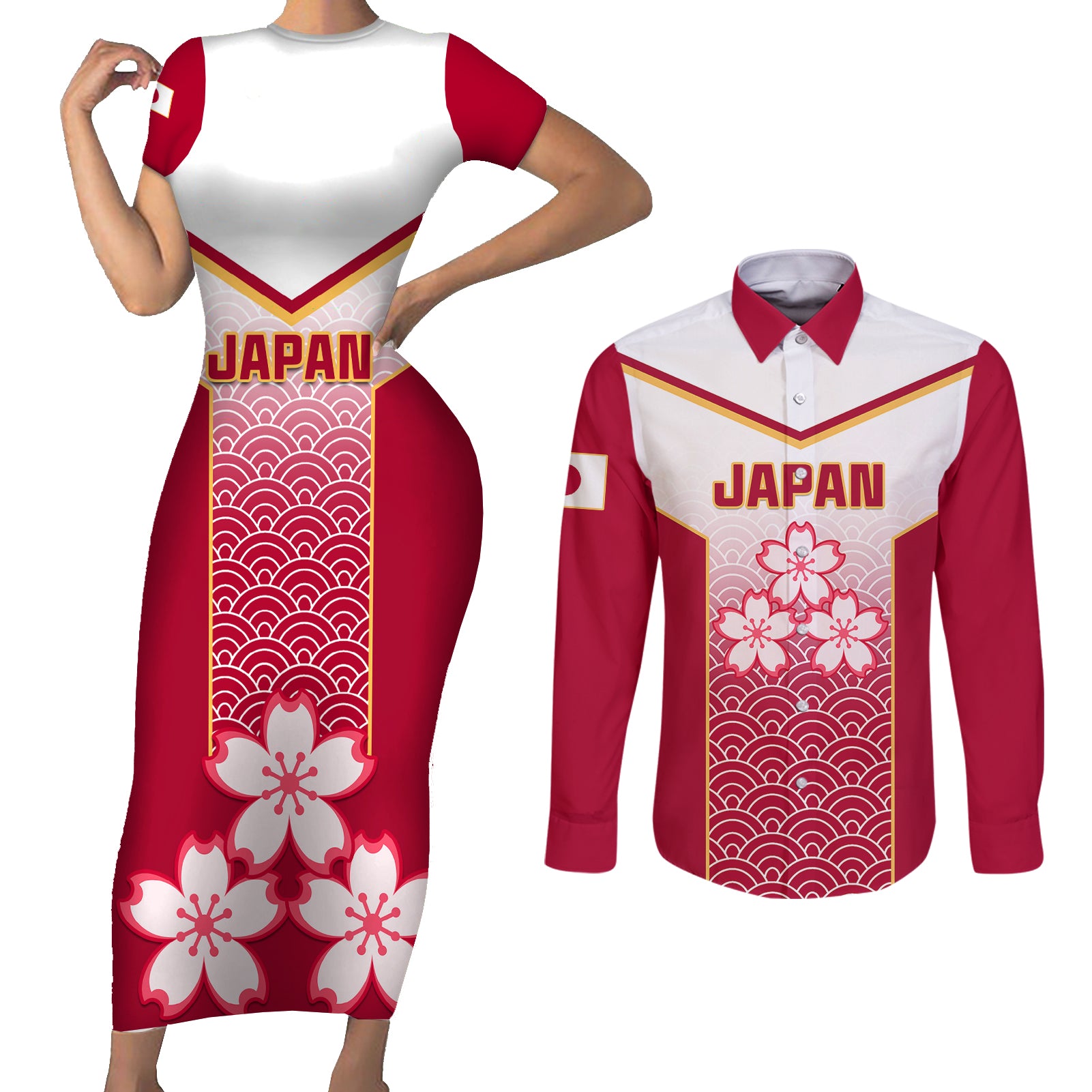 Custom Japan Rugby Couples Matching Short Sleeve Bodycon Dress and Long Sleeve Button Shirts Brave Blossoms Japanese Motif Pattern - Wonder Print Shop