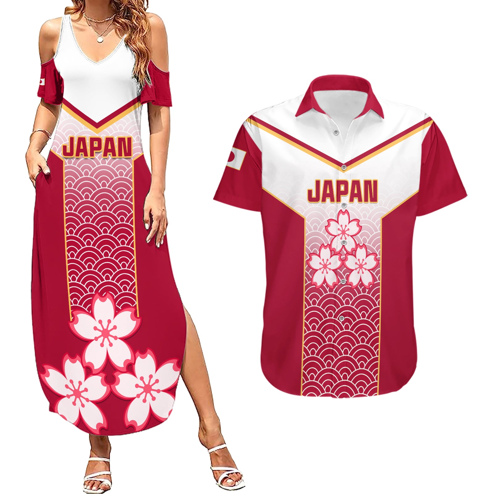 Custom Japan Rugby Couples Matching Summer Maxi Dress and Hawaiian Shirt Brave Blossoms Japanese Motif Pattern - Wonder Print Shop