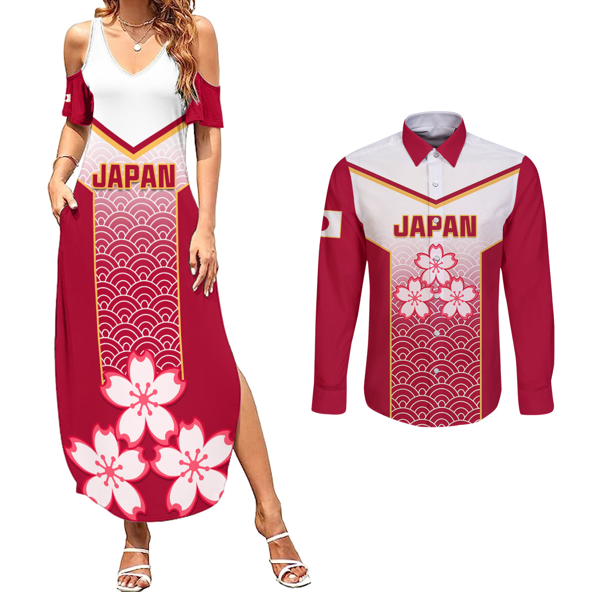 Custom Japan Rugby Couples Matching Summer Maxi Dress and Long Sleeve Button Shirts Brave Blossoms Japanese Motif Pattern - Wonder Print Shop