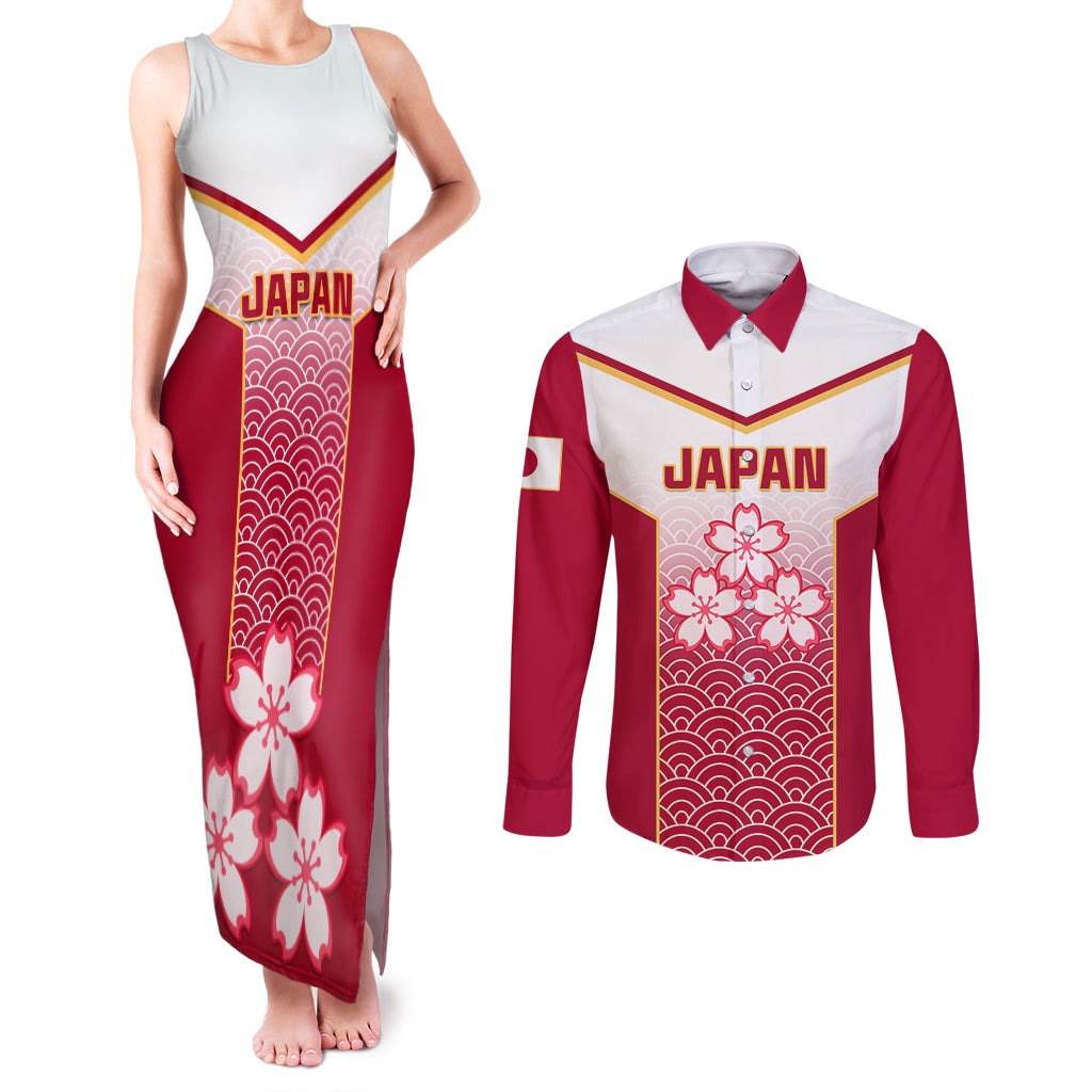 Custom Japan Rugby Couples Matching Tank Maxi Dress and Long Sleeve Button Shirts Brave Blossoms Japanese Motif Pattern - Wonder Print Shop