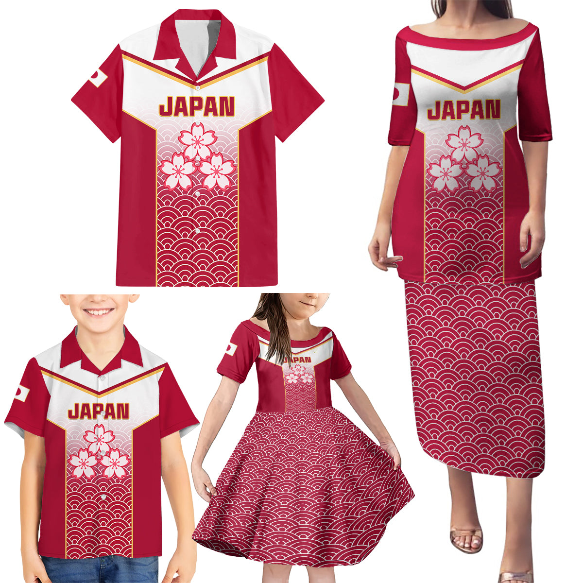 Custom Japan Rugby Family Matching Puletasi Dress and Hawaiian Shirt Brave Blossoms Japanese Motif Pattern - Wonder Print Shop