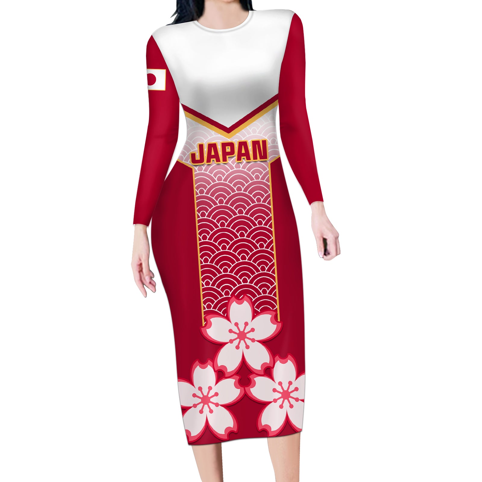 Custom Japan Rugby Long Sleeve Bodycon Dress Brave Blossoms Japanese Motif Pattern - Wonder Print Shop