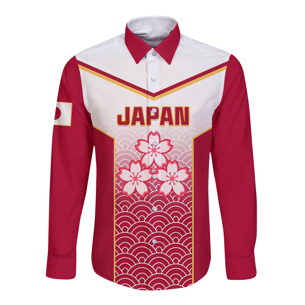 Red long-sleeve rugby button shirt with Japan print, cherry blossoms, and wave pattern