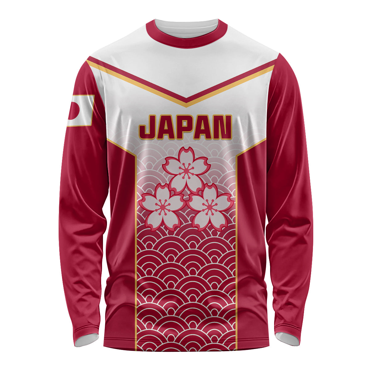 Red long-sleeve rugby shirt with Japan print, cherry blossoms, wave pattern