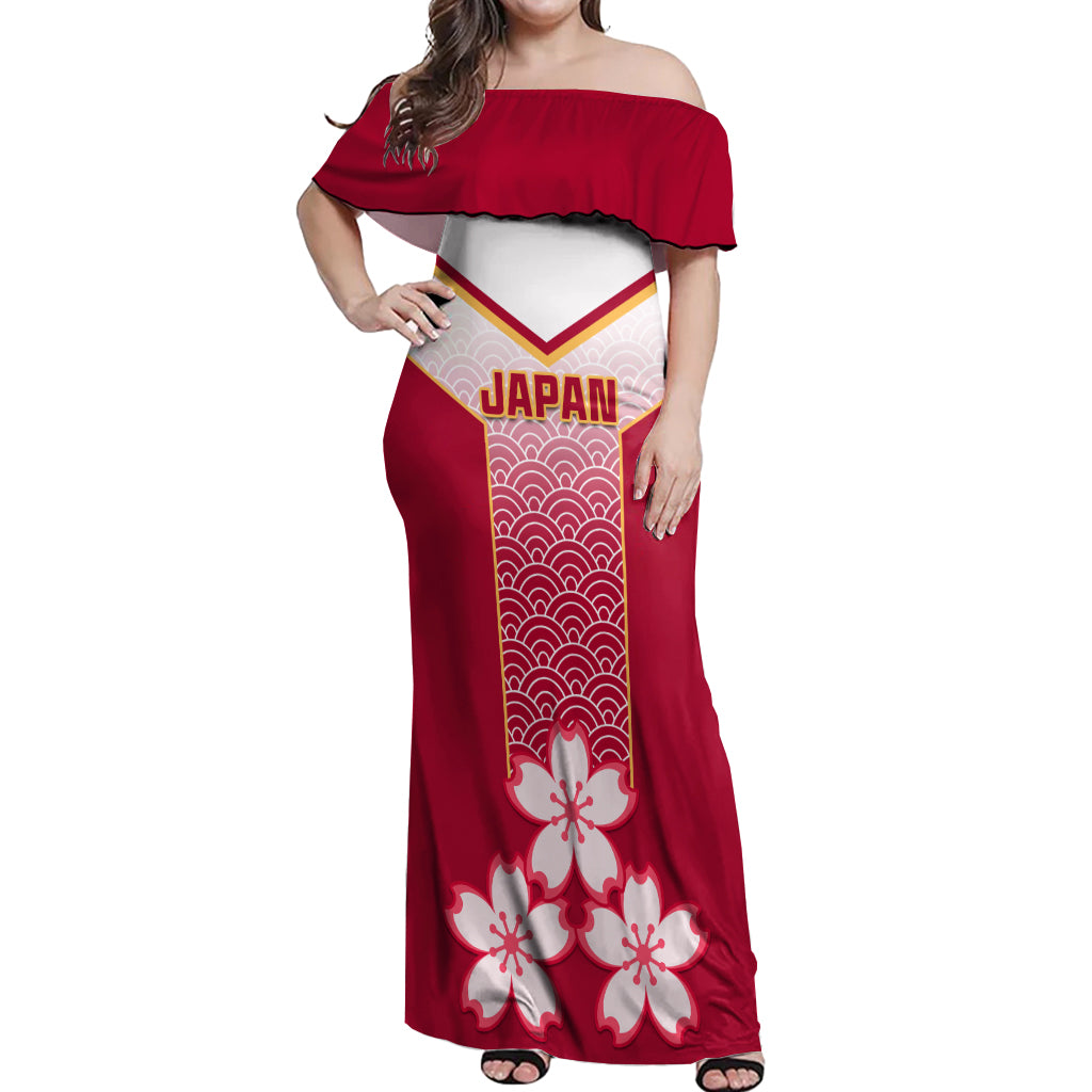 Custom Japan Rugby Off Shoulder Maxi Dress Brave Blossoms Japanese Motif Pattern - Wonder Print Shop