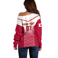 Red and white off-shoulder rugby sweater back with 'YOUR TEXT 01' and wave print.