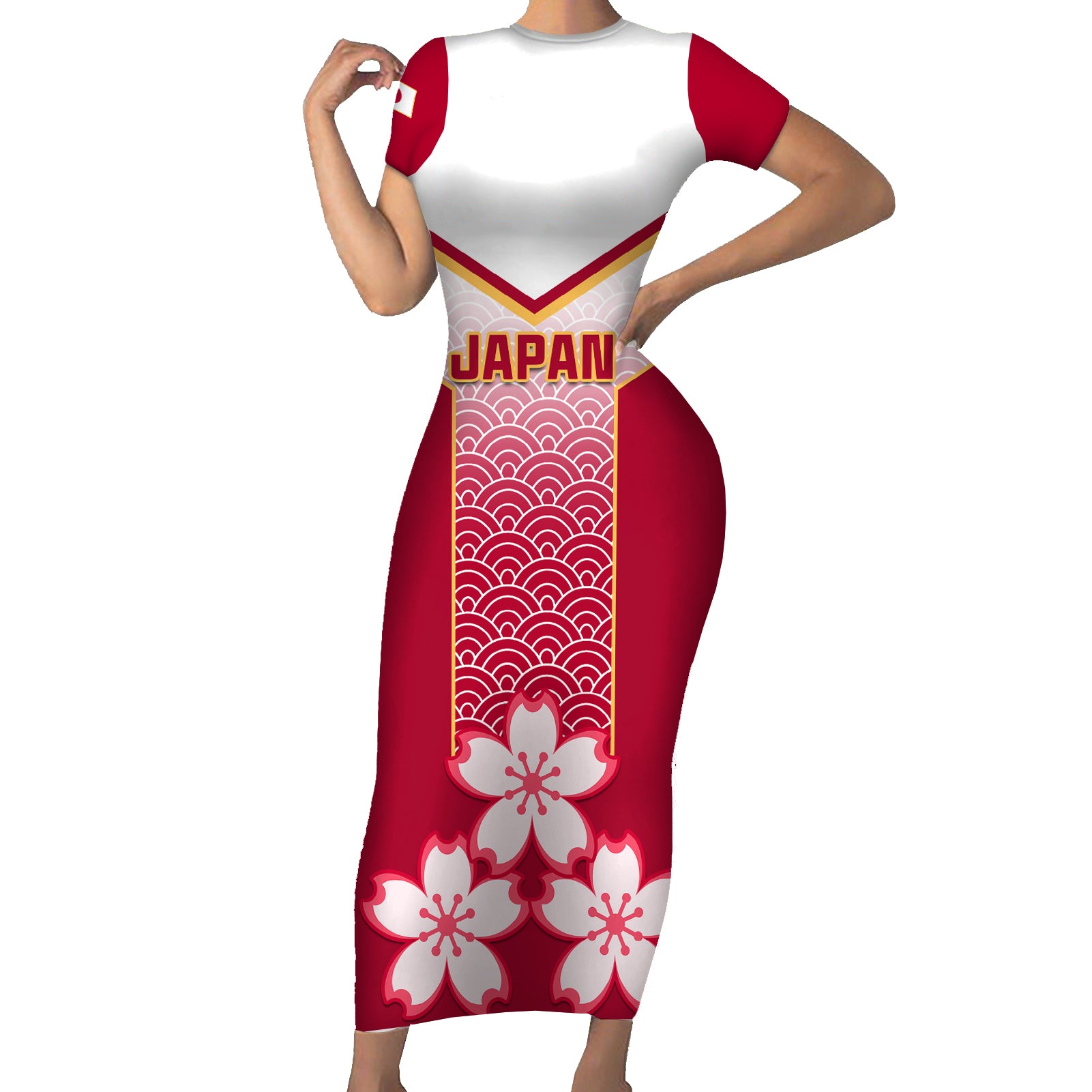 Custom Japan Rugby Short Sleeve Bodycon Dress Brave Blossoms Japanese Motif Pattern - Wonder Print Shop