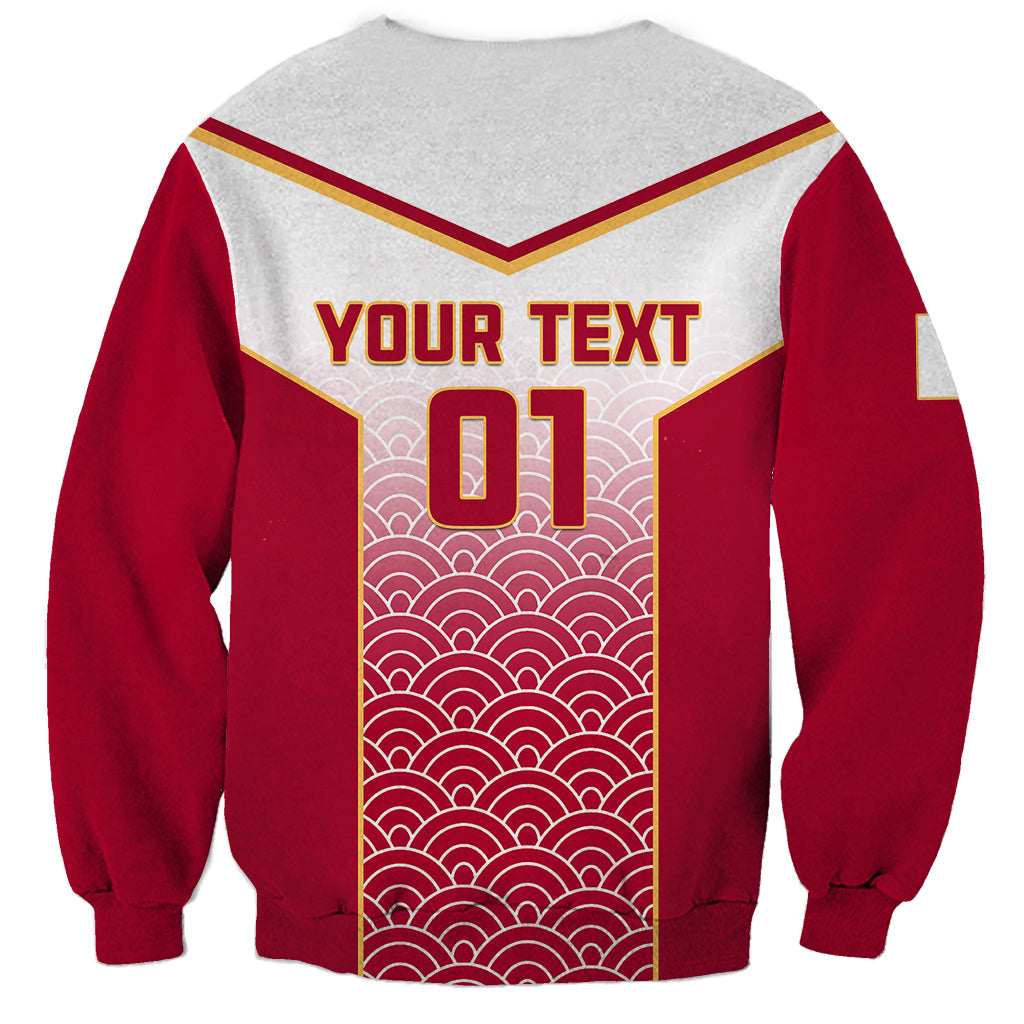 Red/gray crewneck sweatshirt with Your Text and 01 design, cherry blossoms and waves