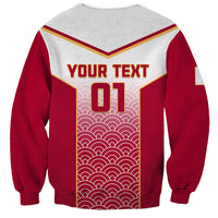 Red/gray crewneck sweatshirt with Your Text and 01 design, cherry blossoms and waves