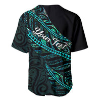 Black baseball jersey with teal Polynesian print and white Your Text script