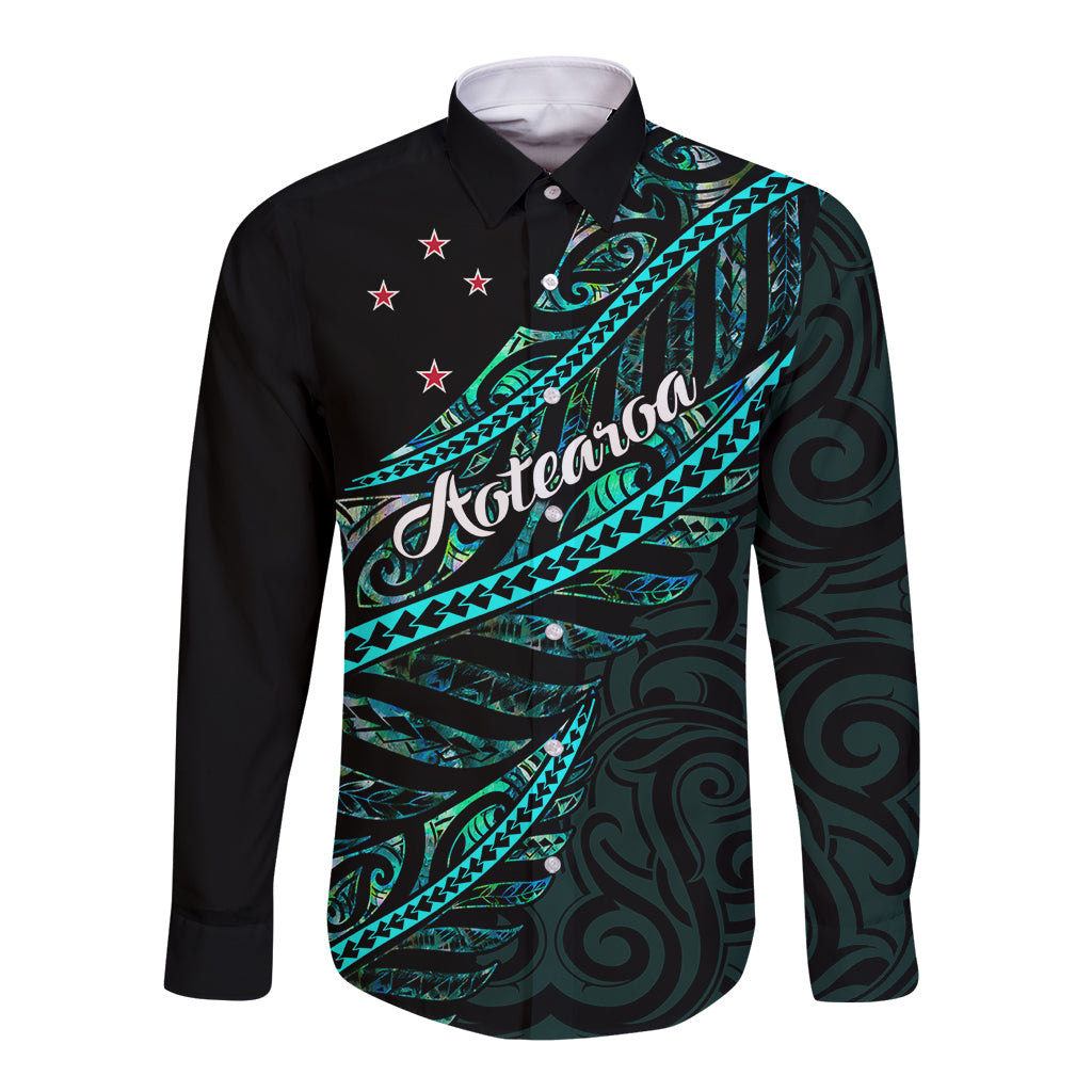Black long-sleeve button shirt with turquoise Polynesian diagonal pattern and red stars