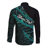 Black long-sleeve button shirt with teal wave pattern and script-style text across back