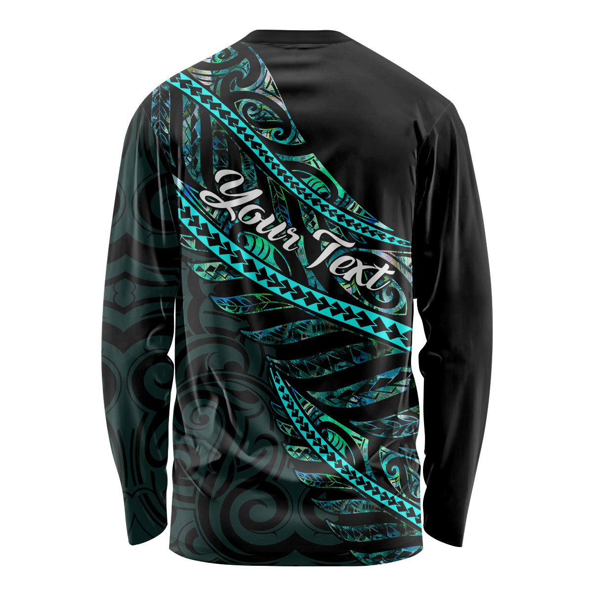 Personalised long-sleeve shirt, black with teal Polynesian back graphic and script