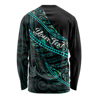 Personalised long-sleeve shirt, black with teal Polynesian back graphic and script