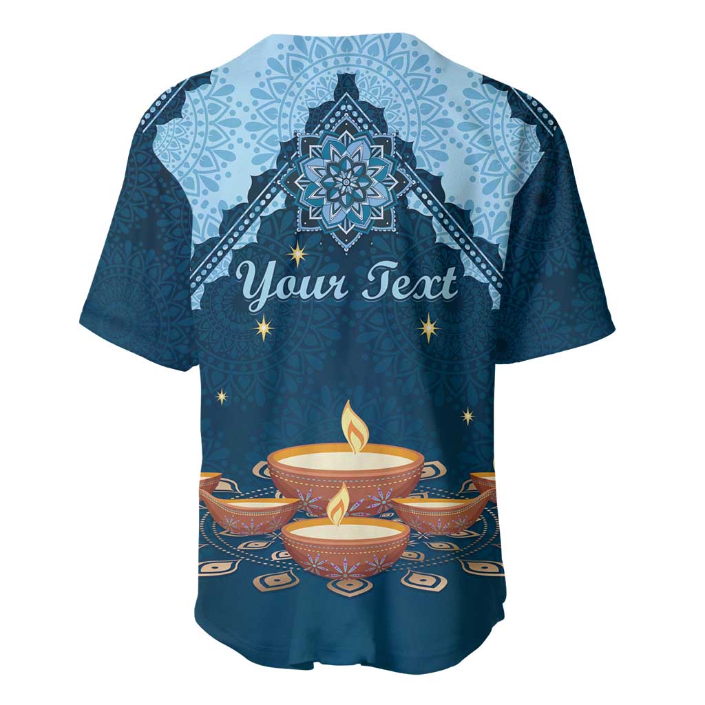Blue baseball jersey with mandala back graphic and 'Your Text' over diya