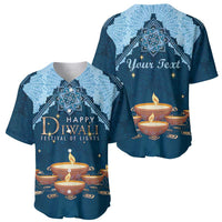 Blue baseball jersey showing front 'Happy Diwali Festival of Lights' and back 'Your Text'