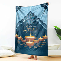 Blue Diwali festival blanket held upright, featuring 'Happy Diwali' candle design