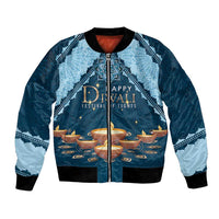 Unisex blue bomber jacket with full-zip front and Diwali festival print