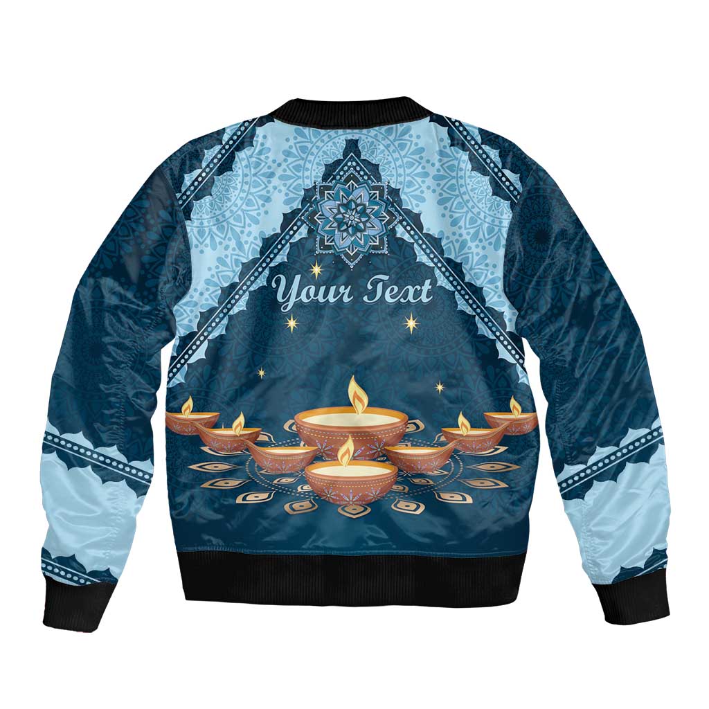 Unisex blue bomber jacket with back print and placeholder 'Your Text'