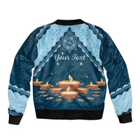 Unisex blue bomber jacket with back print and placeholder 'Your Text'