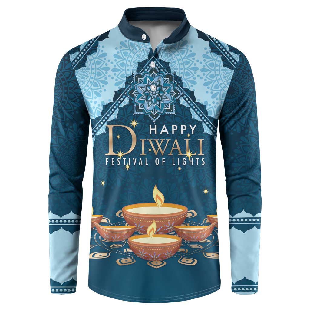 Blue button sweatshirt with "Happy Diwali Festival of Lights" front mandala and candles graphic