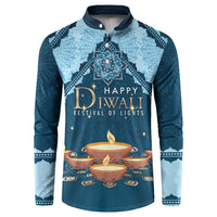 Blue button sweatshirt with "Happy Diwali Festival of Lights" front mandala and candles graphic