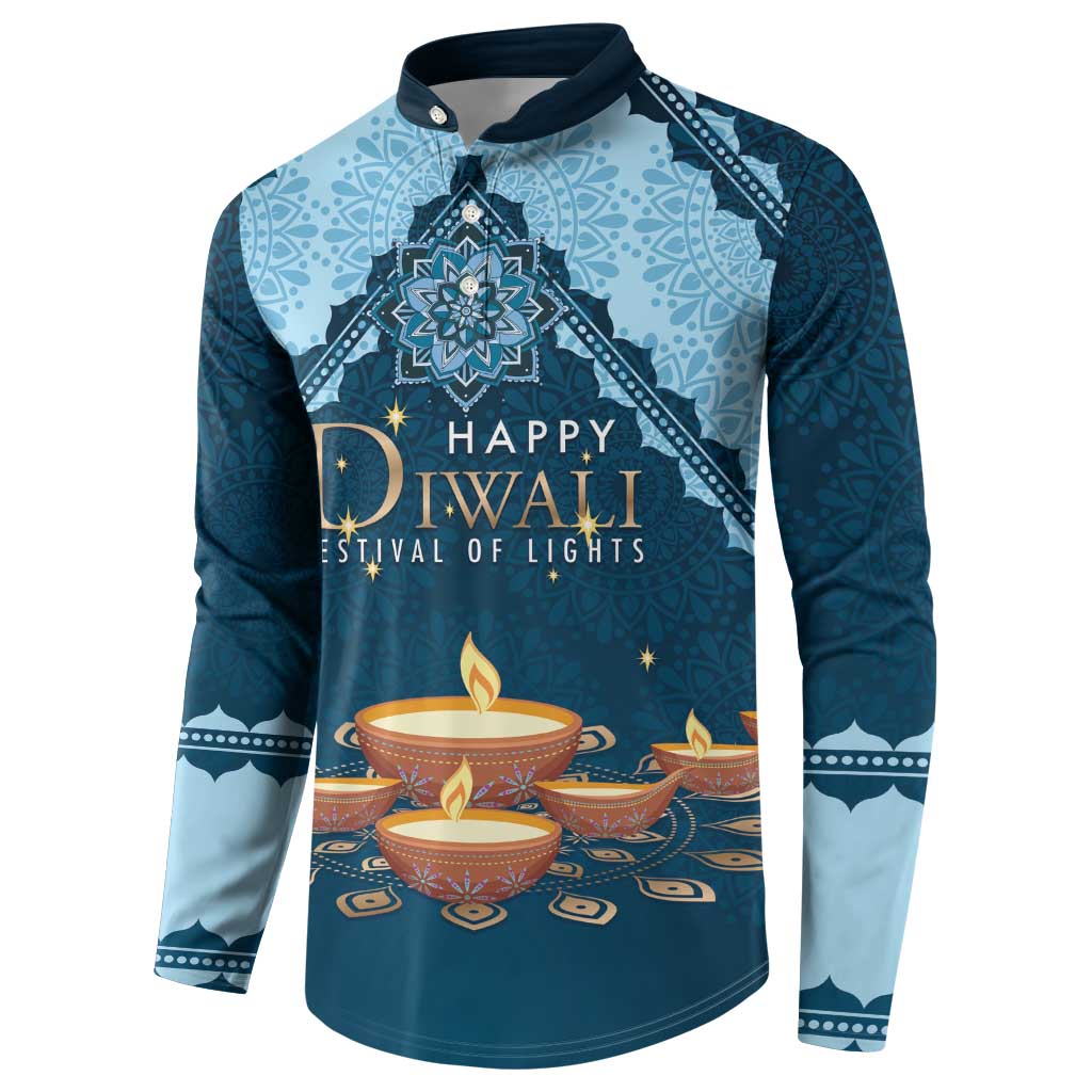 Blue button sweatshirt with "Happy Diwali Festival of Lights" front text and candle graphic