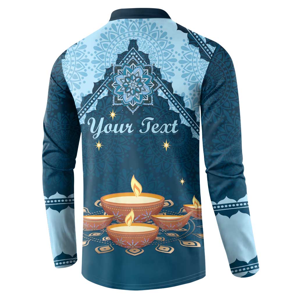 Blue button sweatshirt with back print reading "Your Text" and diya candle design