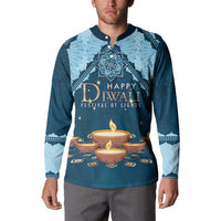 Blue button henley sweatshirt with "Happy Diwali Festival of Lights" front graphic and candles