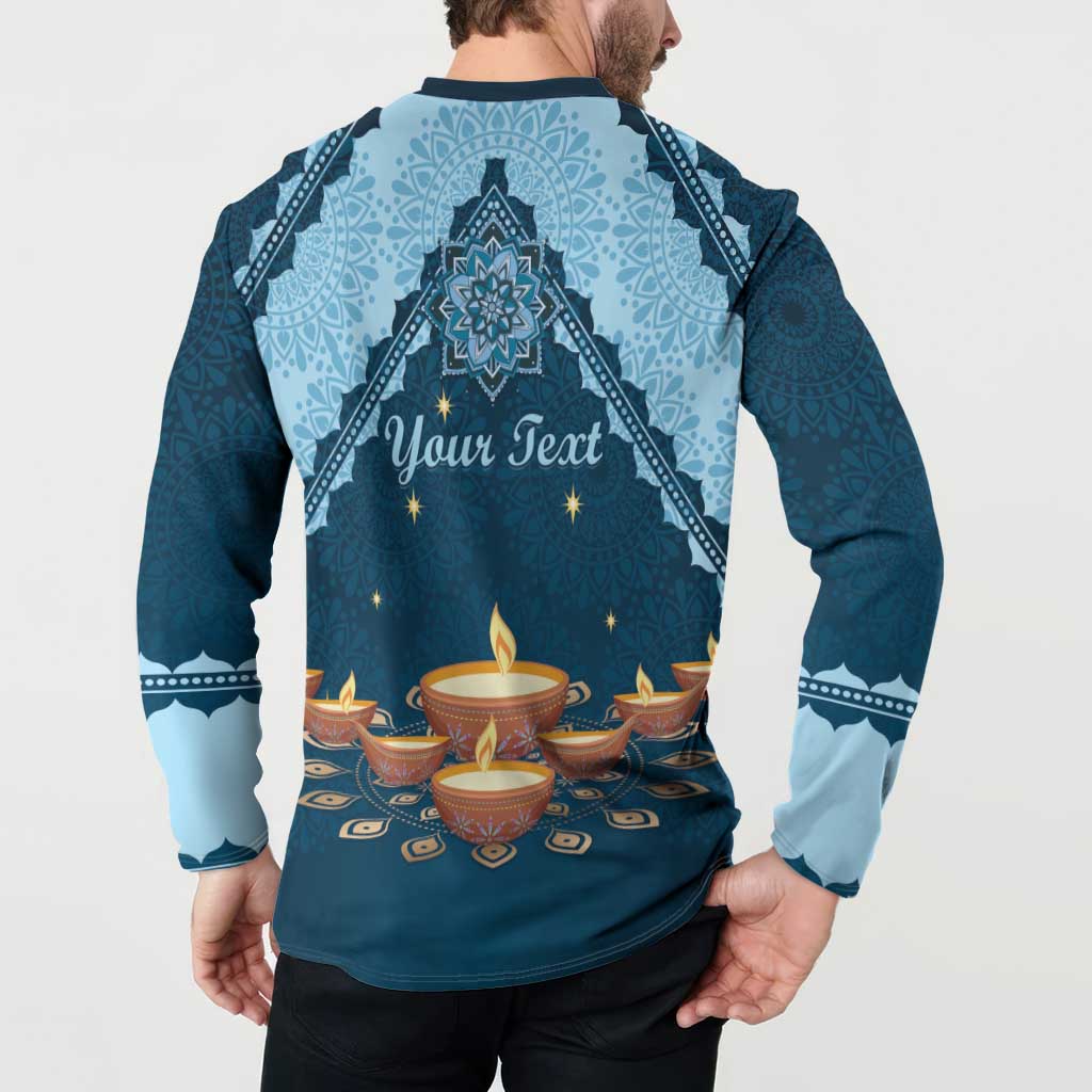 Blue button sweatshirt back print: "Your Text" over candle and diya graphic