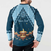 Blue button sweatshirt back print: "Your Text" over candle and diya graphic