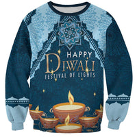 Unisex crewneck sweatshirt with blue patterned Diwali text and diya graphic